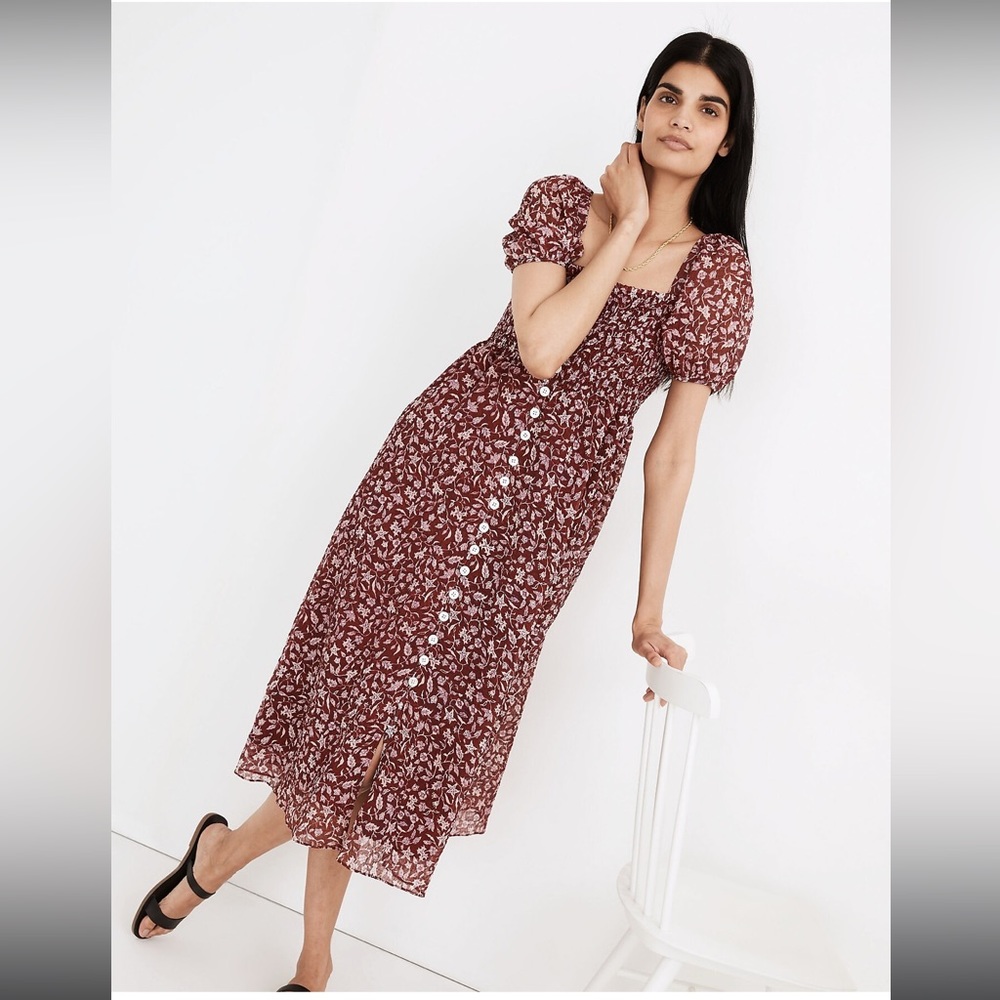 Lucie Smocked Button-Front Midi Dress in Batik Vine